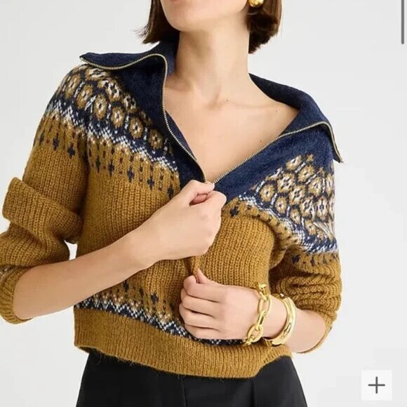 NWT J.Crew Fair Isle Half-zip Sweater in Navy Buttercream Timber Brushed Yarn L - Picture 1 of 6